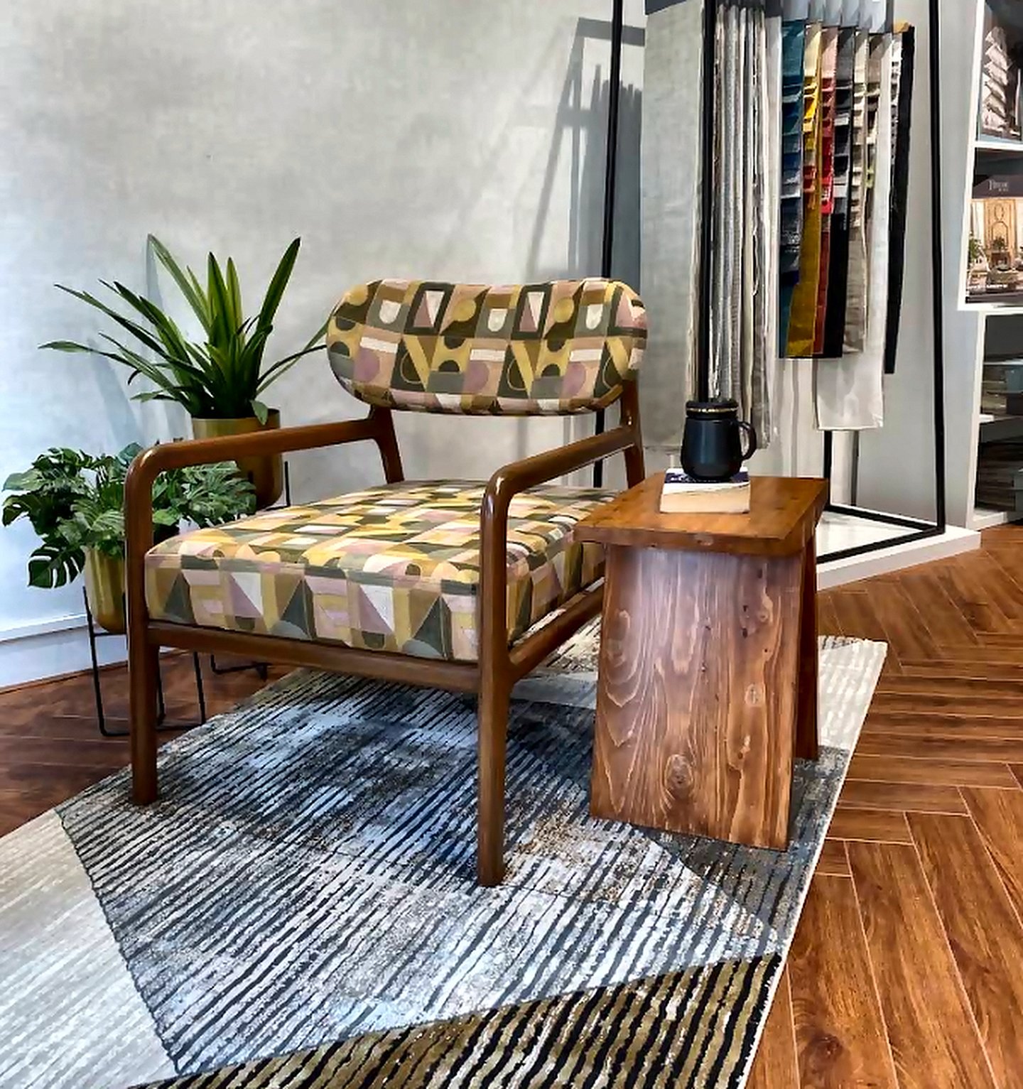 Patterned mid-century armchair re-upholstered in jacquard fabric